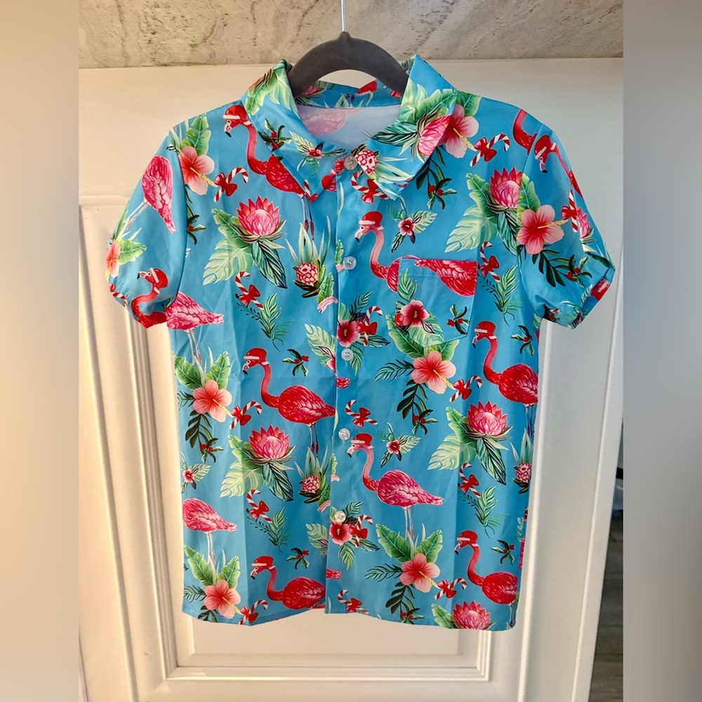 Youth Tropical Hawaiian Christmas  Flamingo Print Shirt Size 5/6